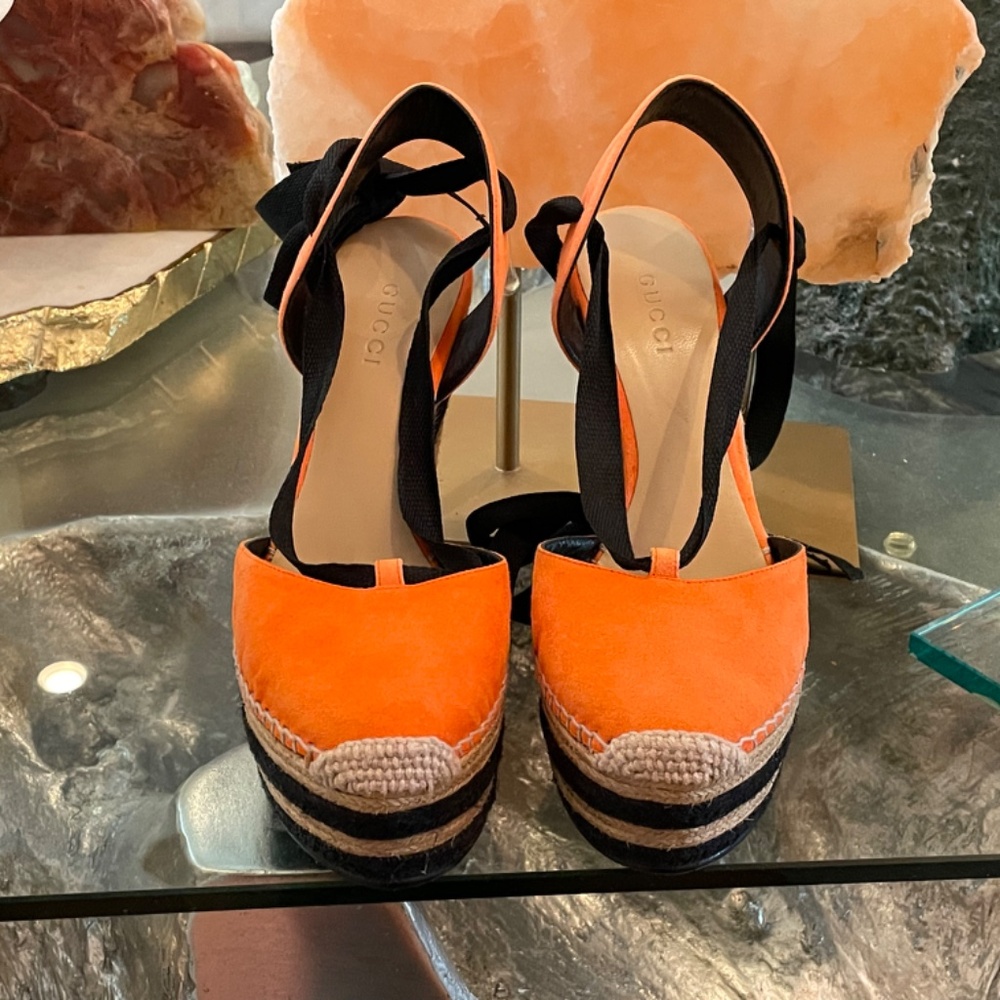 Gucci Orange/Black Suede Wedge Espadrille